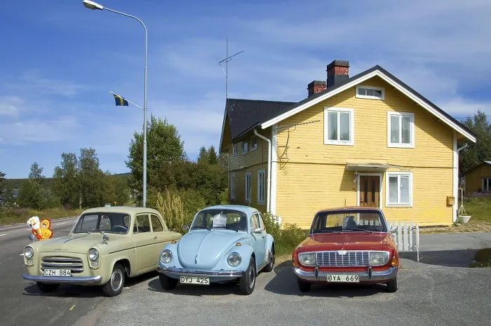 Framed Print : Classic car, Ford Anglia 1957, VW 1303s 1974