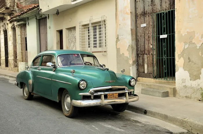 Framed Print : Classic car in the historic district of Camaguey