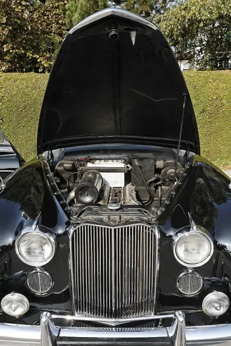 Framed Print : Classic car Jaguar Mark VIII, with open hood