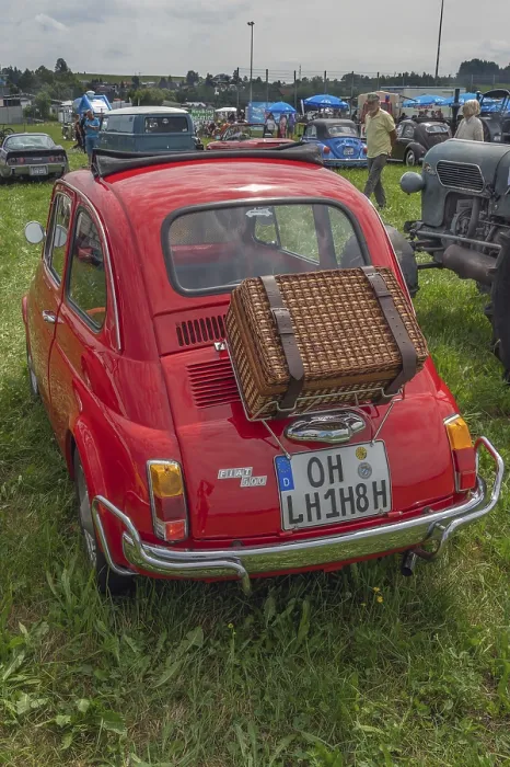 Framed Print : Classic car meeting, Fiat 500 with basket