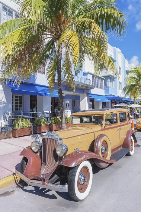 Framed Print : Classic vintage american car parked on Ocean drive
