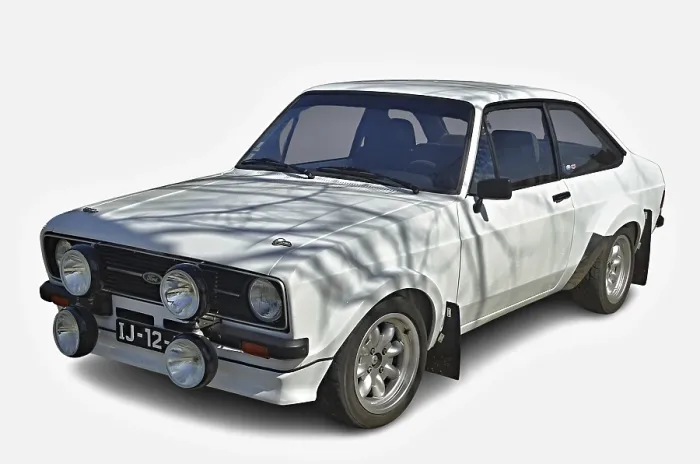 Framed Print : Classic white Ford Escort RS2000 MKII rally car parked