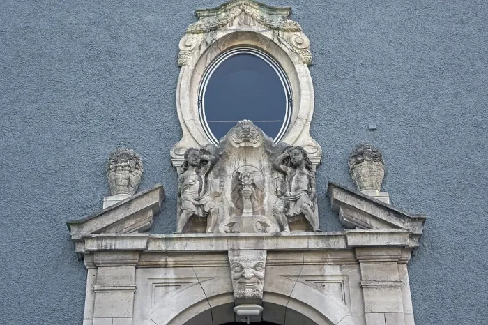 Framed Print : Classicist tympanum above the Tor tor of the secondary school