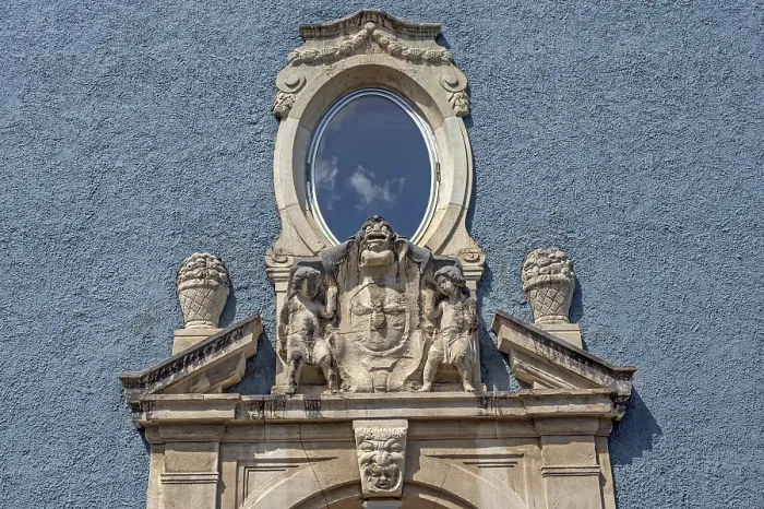 Framed Print : Classicist tympanum above the Tor tor of the secondary school
