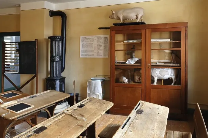 Framed Print : Classroom with cannon stove and biology cupboard