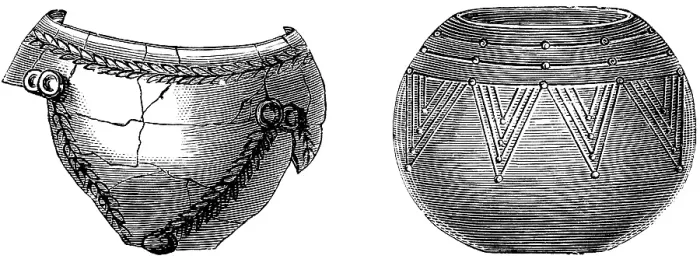 Framed Print : Clay vessels from the ByDi skala or Byci Skala cave from the Hallstatt period, Hallstatt culture, early Iron Age, shards, simple ornamentation, lines, leaves, landscape Moravian Karst, Moravia, history of mankind, Czech Republic