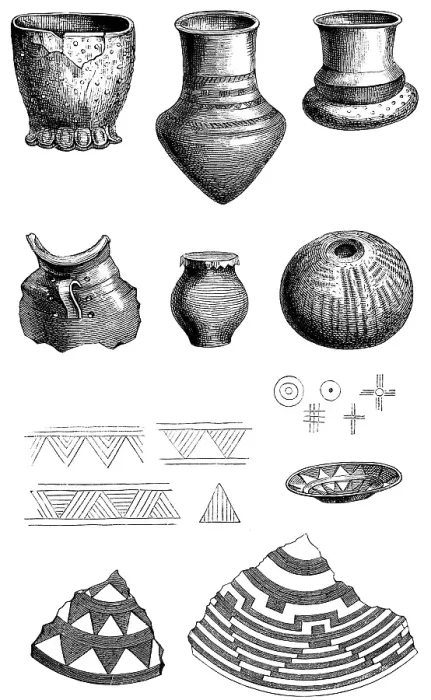 Framed Print : Clay vessels with various ornaments from prehistoric Swiss pile dwellings, History of Mankind, Switzerland, historical illustration 1880, Europe
