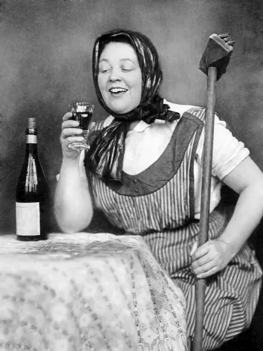Framed Print : Cleaning lady drinking wine, historic photograph Framed Print : Cleaning lady drinking wine, historic photograph