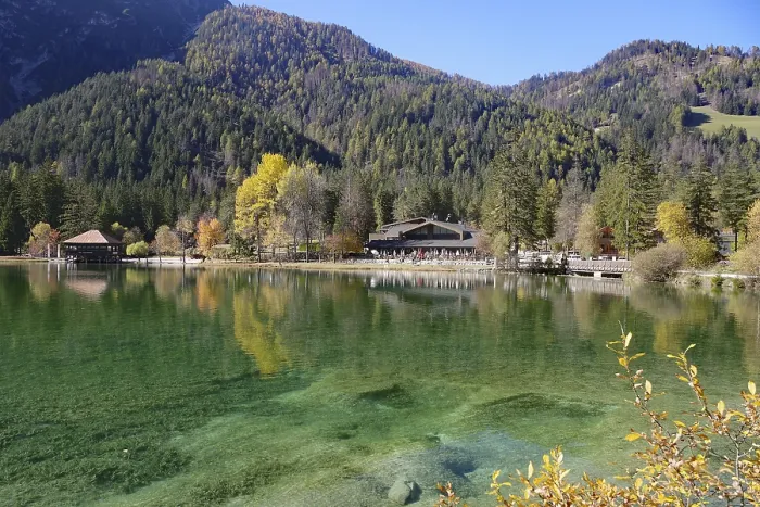 Framed Print : Clear mountain lake with emerald green water