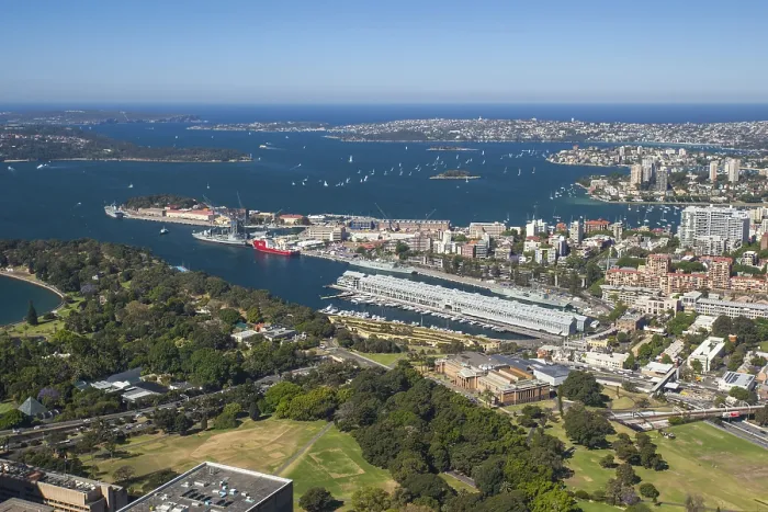 Framed Print : A clear sunny day in Sydney, looking east towards the harbour and ocean Framed Print : A clear sunny day in Sydney, looking east towards the harbour and ocean