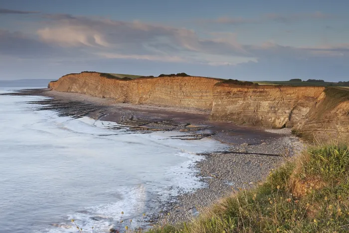 Framed Print : Clifftop in evening light, on the north Somerset coast