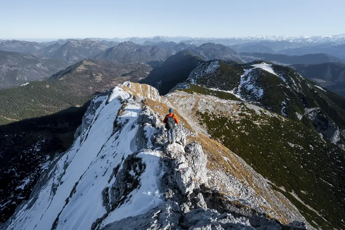 Framed Print : Climbers on the summit ridge with first snow in autumn