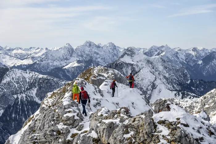 Framed Print : Climbers on the summit ridge, hiking to the Ammergauer Hochplatte in the Ammergau Alps in winter