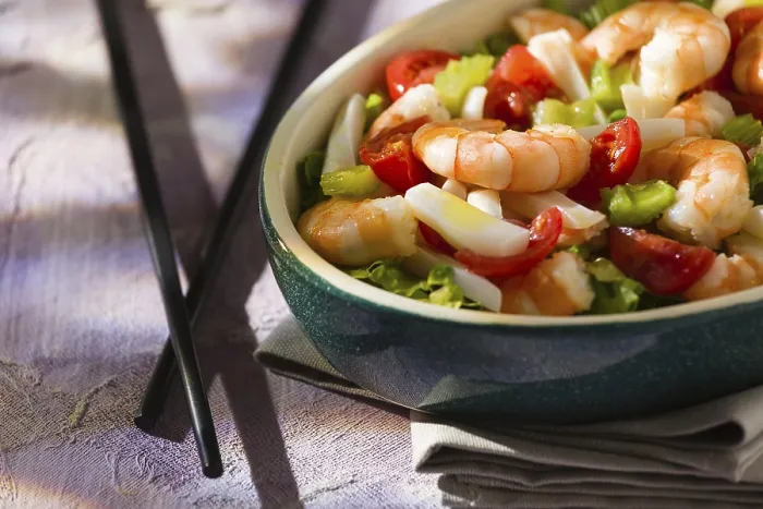 Framed Print : Close up of salad of shrimps and chopsticks inside an oval bowl Framed Print : Close up of salad of shrimps and chopsticks inside an oval bowl