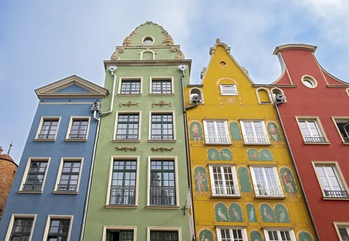 Framed Print : Close-up of colourful facades of townhouses on Dluga street Framed Print : Close-up of colourful facades of townhouses on Dluga street