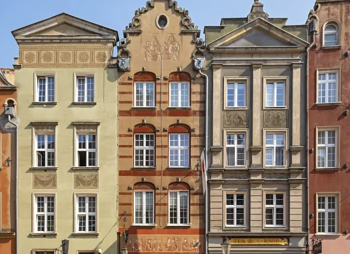 Framed Print : Close-up of facades of townhouses on Dluga street