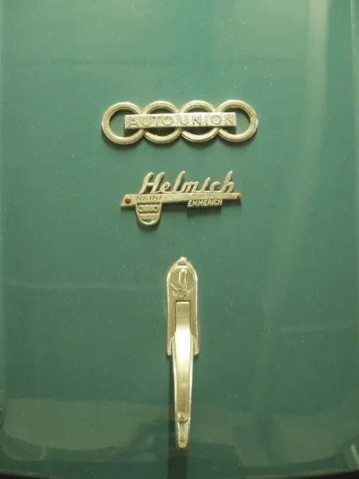 Framed Print : Close-up of a green Audi classic car with emblem and nostalgic design