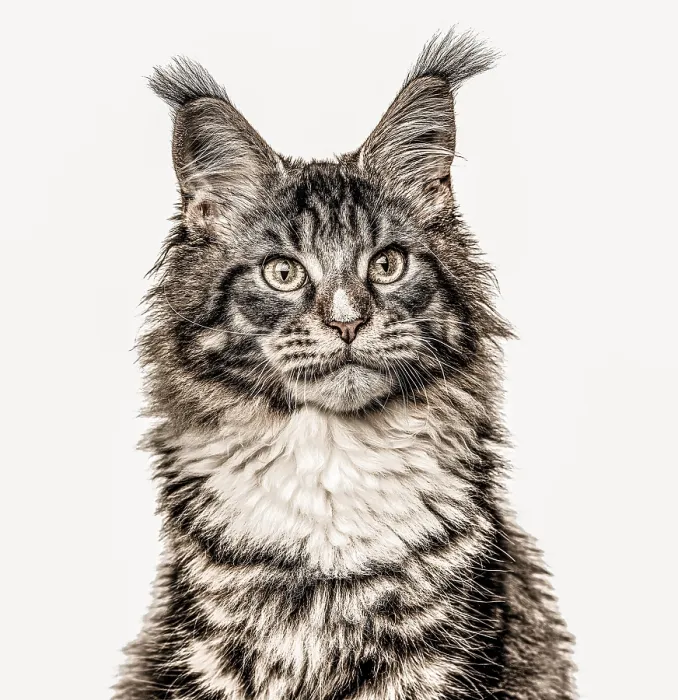Framed Print : Close-up of a Maine Coon cat looking away isolated on white Framed Print : Close-up of a Maine Coon cat looking away isolated on white