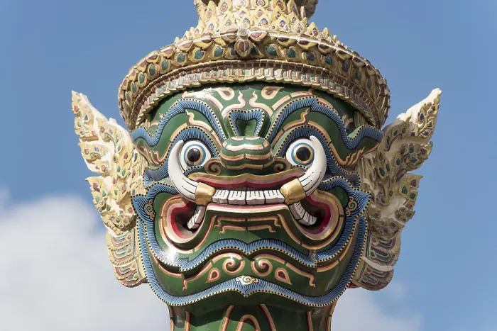 Framed Print : Close up, statue of giant Yaksha demon guarding gates of Grand Palace