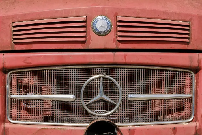 Framed Print : Close-up of a weathered Mercedes-Benz truck