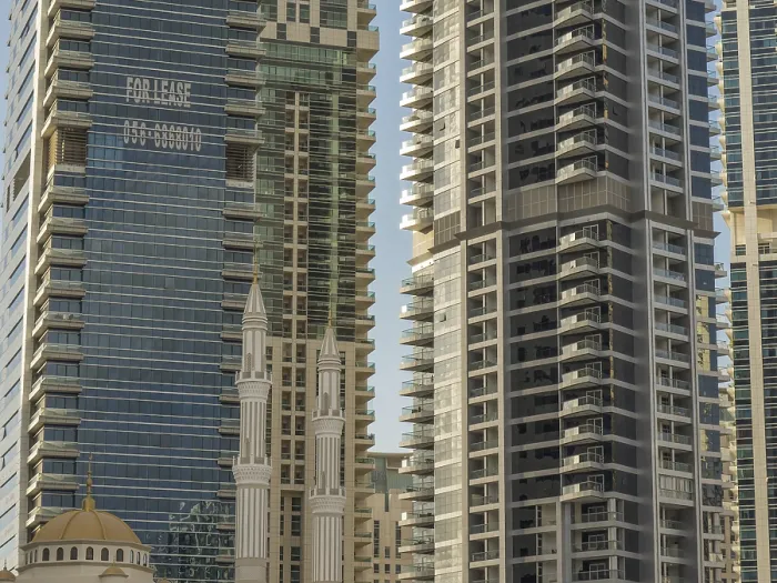 Framed Print : Close view of modern skyscrapers with glass facades