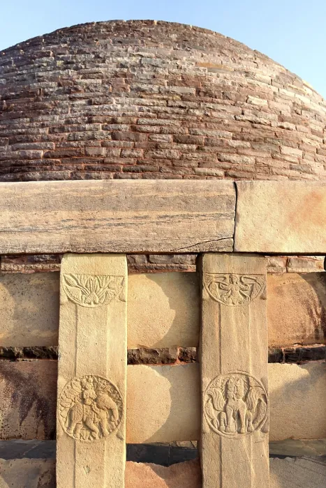 Framed Print : Close view of stupa 2 carved medallions decorate surrounding walls