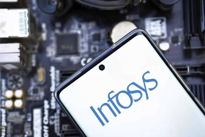 Framed Print : Closeup view of the Infosys logo
