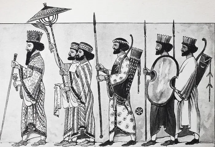 Framed Print : Clothing fashion in ancient Persia 6th - 5th century BC from left Framed Print : Clothing fashion in ancient Persia 6th - 5th century BC from left