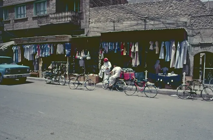 Framed Print : Clothing shops, Deir ez-Zor, Syria, May 1987, vintage, retro, old, historical, Asia