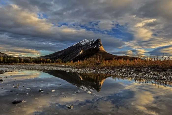 Framed Print : Clouds over mountain with reflection in lake