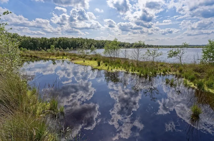 Framed Print : Clouds are reflected in the water surface of the Himmelmoor