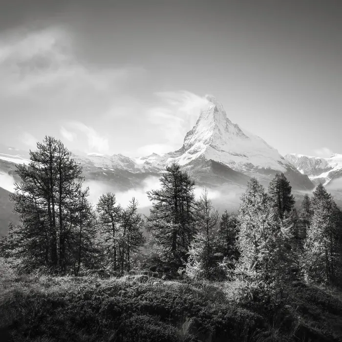 Framed Print : Clouds over the Swiss Matterhorn in black and white