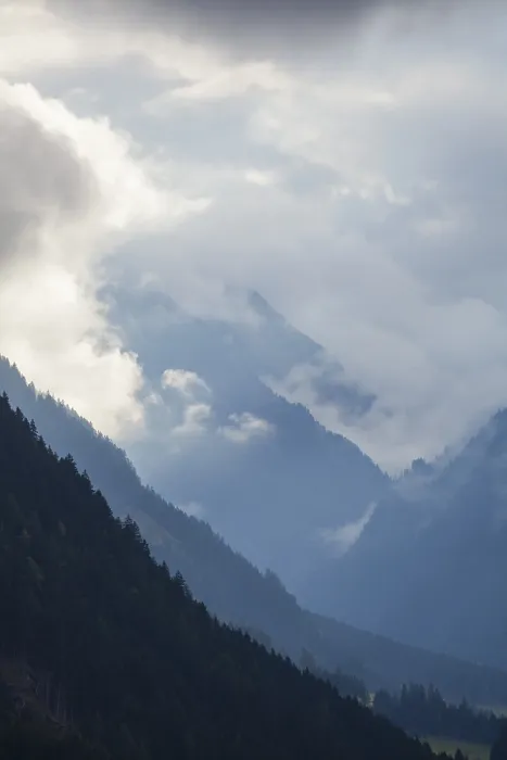 Framed Print : Cloudy atmosphere with forest and mountains Framed Print : Cloudy atmosphere with forest and mountains