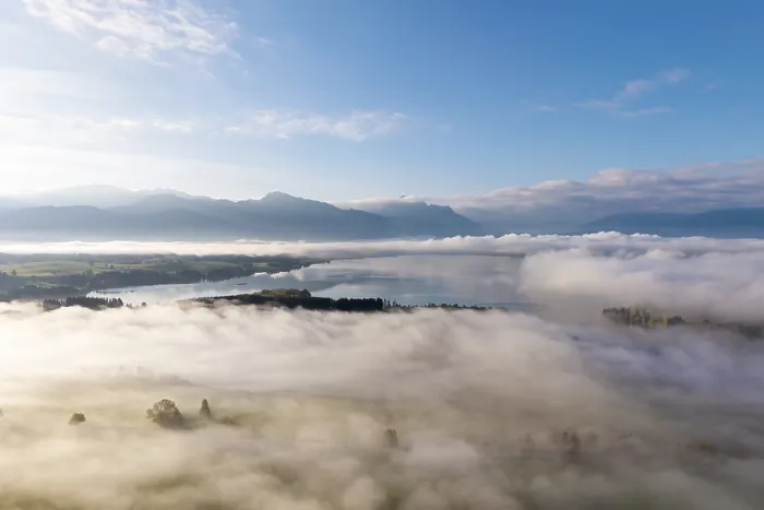 Framed Print : Cloudy landscape with Forggensee and mountain panorama at dawn Framed Print : Cloudy landscape with Forggensee and mountain panorama at dawn