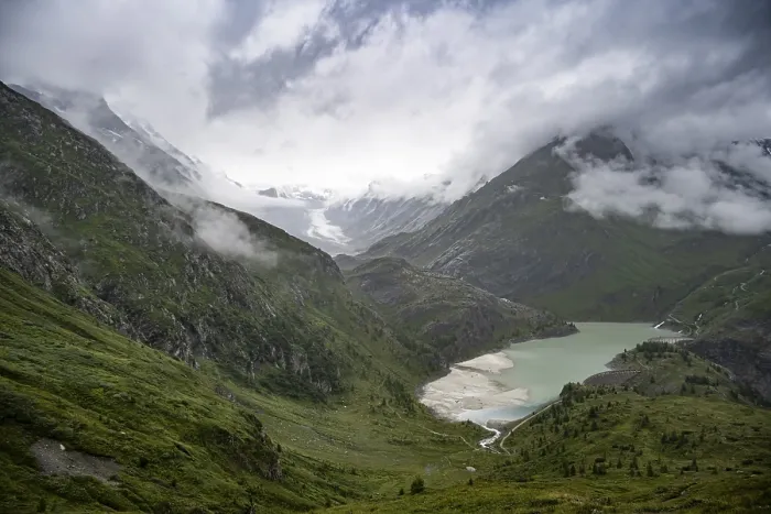 Framed Print : Cloudy mountain landscape, Margaritzen Reservoir Framed Print : Cloudy mountain landscape, Margaritzen Reservoir