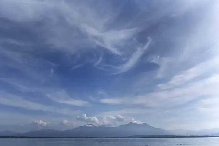 Framed Print : Cloudy sky with Lake Chiemsee and the Chiemgau mountains Framed Print : Cloudy sky with Lake Chiemsee and the Chiemgau mountains