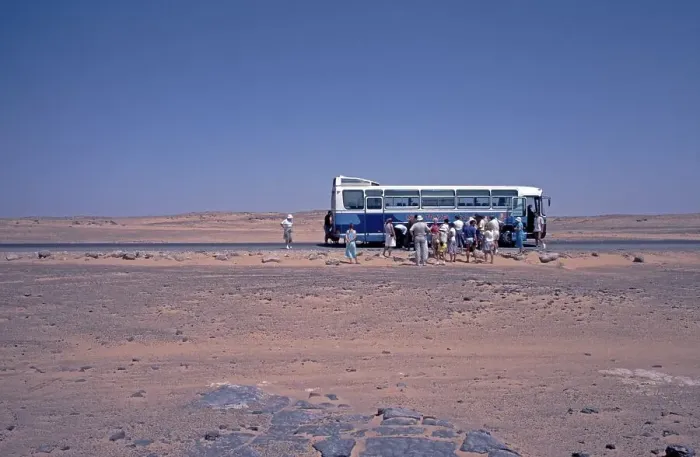 Framed Print : Coach breaks down in the desert between Abu Simbel and Aswan, Nile Valley, Egypt, September 1989, vintage, retro, old, historic, Africa