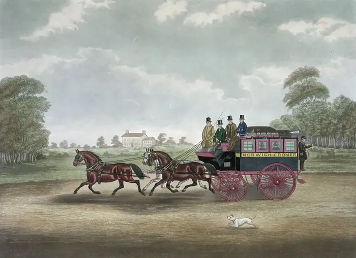 Framed Print : The coach Unicorn Norwich, Men in the coach Norwich to Cromer