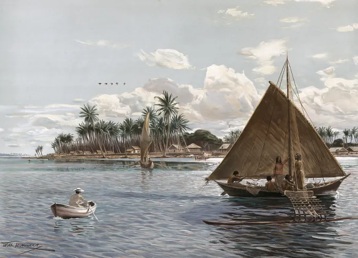 Framed Print : Coast with sailboats and locals