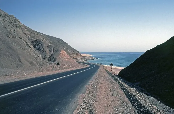 Framed Print : Coastal road along the Gulf of Aqaba, Sinai Peninsula, Egypt, September 1989, vintage, retro, old, historic, Africa