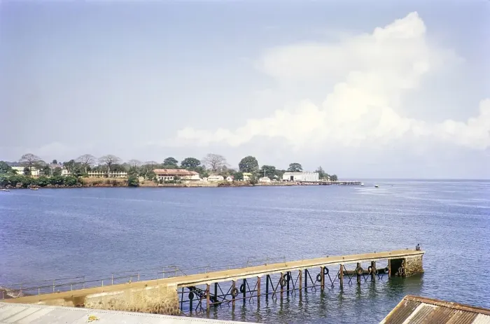 Framed Print : Coastal view with jetty Freetown, Sierra Leone, West Africa 1963, Africa
