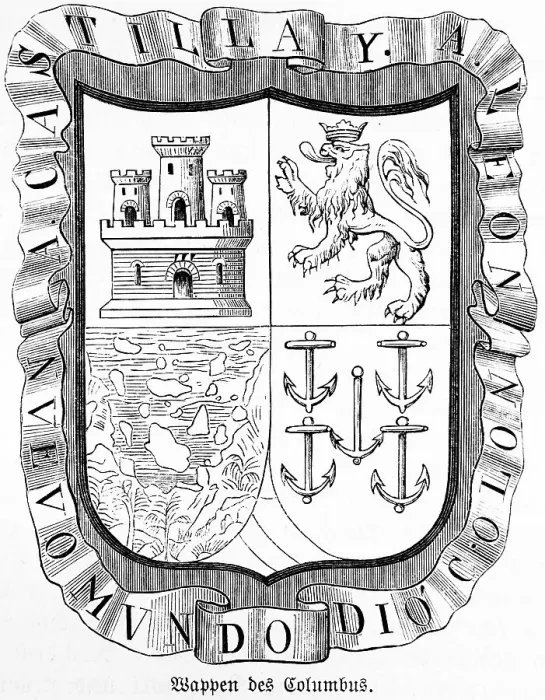 Framed Print : The coat of arms of Christopher Columbus with fort