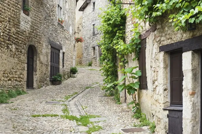 Framed Print : Cobblestone street, medieval walled town of Perouges