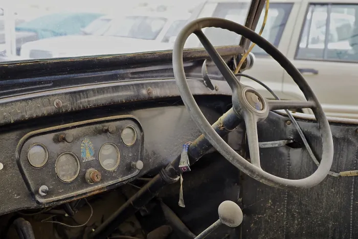 Framed Print : Cockpit of an old jeep, classic car Framed Print : Cockpit of an old jeep, classic car