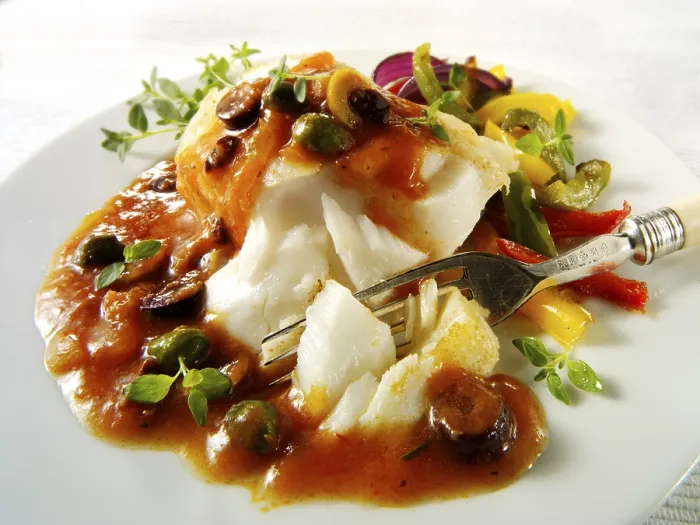 Framed Print : Cod fillet with a ragu and caper sauce Cod fillet with a rag and caper sauce Framed Print : Cod fillet with a ragu and caper sauce Cod fillet with a rag and caper sauce