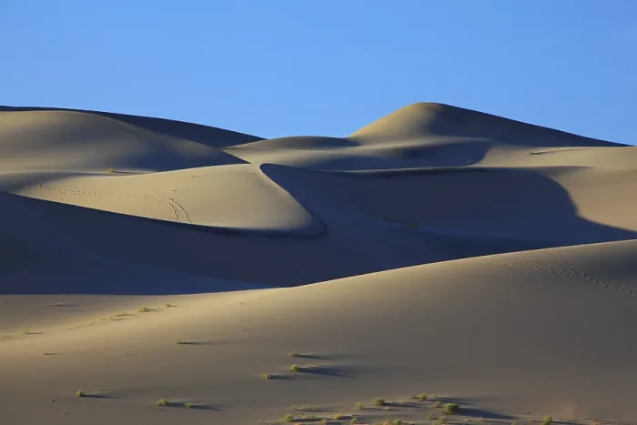 Framed Print : Cold dark blue shades and traces of animals on sand of the White dune Eureka