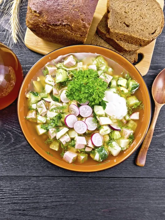 Framed Print : Cold soup okroshka from sausage