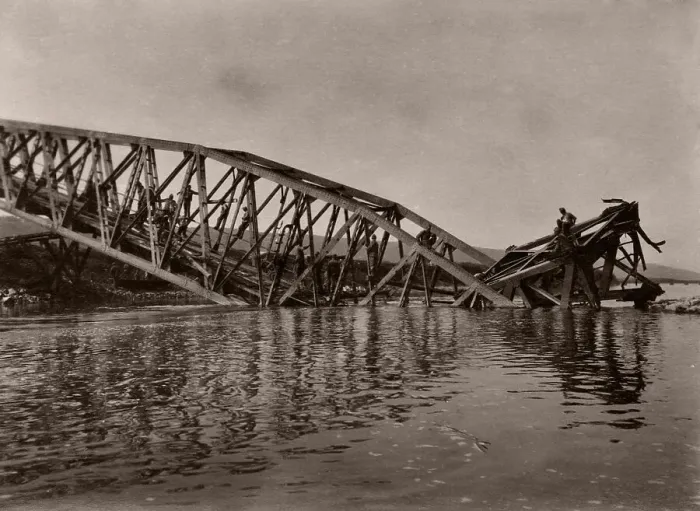 Framed Print : Collapsed bridge, historic photograph, around 1940