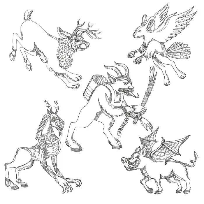 Framed Print : A collection of doodle art illustrations that includes the following mythical creatures from legend folklore