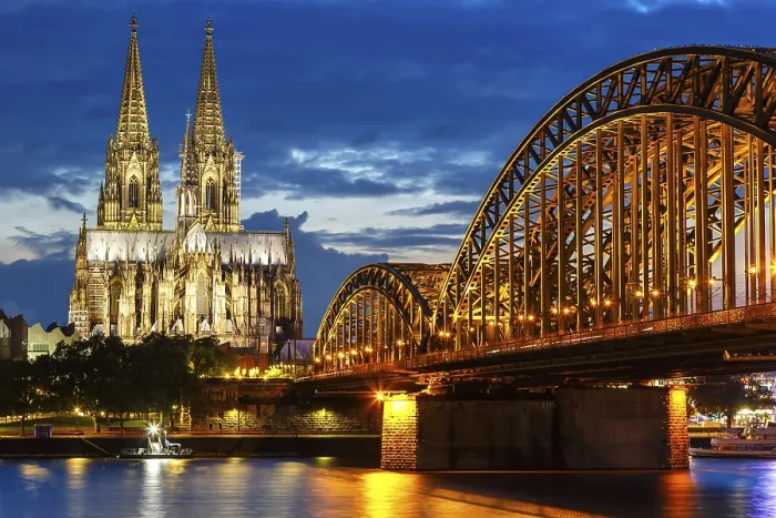 Framed Print : Cologne Cathedral Skyline and Hohenzollern Bridge with Rhine River in Germany at night in Cologne